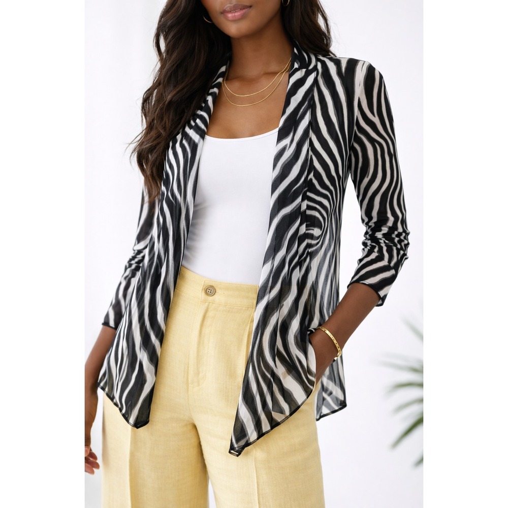 Alberto Makali M‎ Zebra Print Sheer Mesh Cardigan Black White Casual Classy